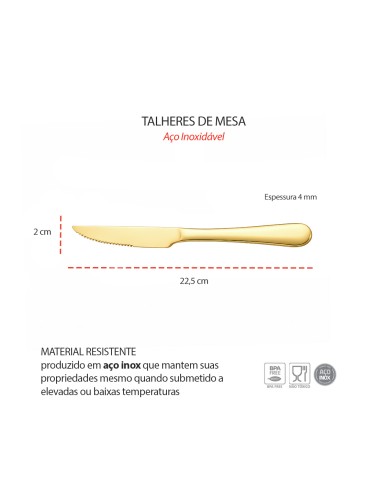 Faca de Mesa Serrilhada Dourada Ouro Talher Aço...