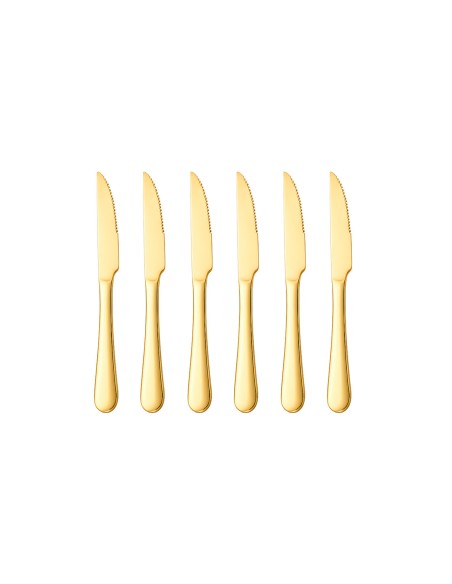 Faca de Mesa Serrilhada Dourada Ouro Talher Aço Inox Buffet Jogo 6un