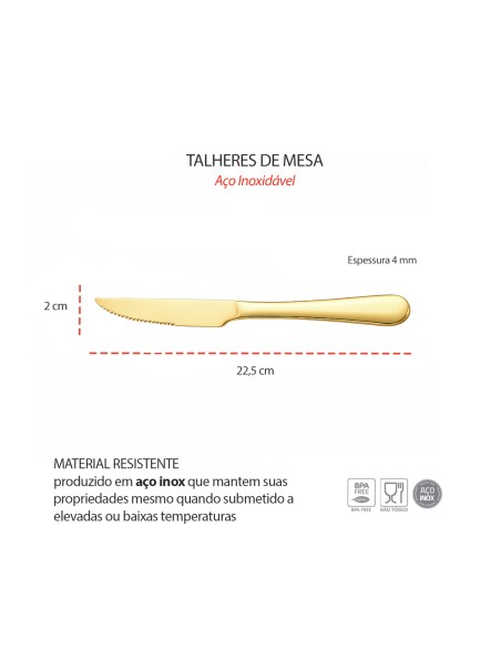 Faca de Mesa Serrilhada Dourada Ouro Talher Aço Inox Buffet Jogo 6un