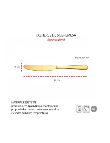 Faca de Sobremesa Dourado Ouro Talheres Inox...