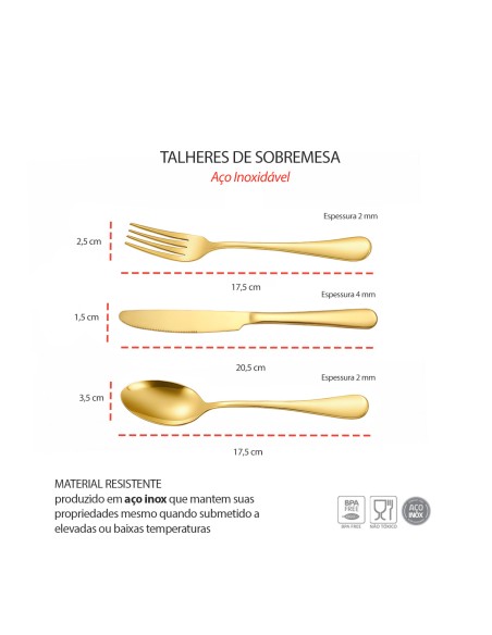Talheres de Sobremesa Faqueiro Dourado Garfo Faca Colher 18un