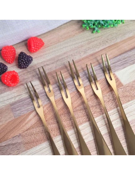 Garfo para Petiscos Frutas Sobremesa Garfinho Dourado Inox 6un