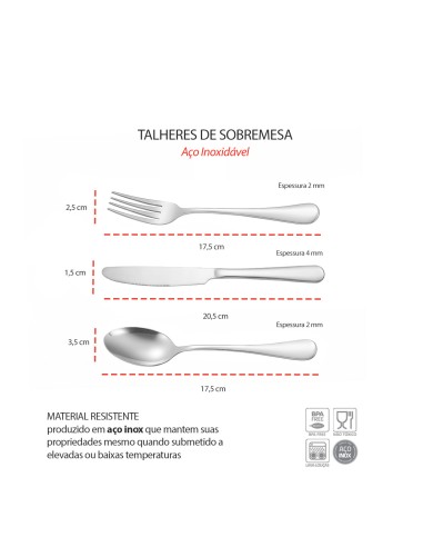 Talheres de Sobremesa Faqueiro Inox Garfo Faca...
