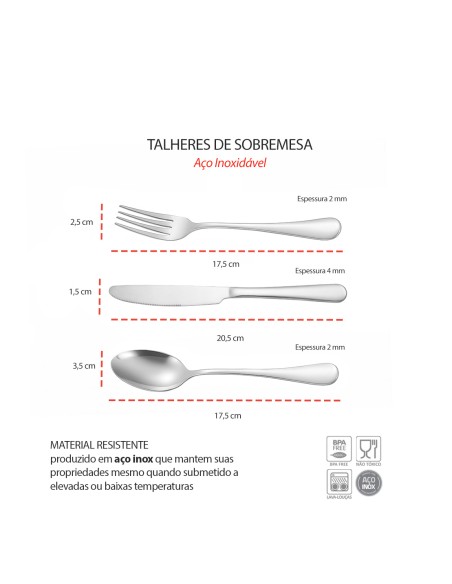 Talheres de Sobremesa Faqueiro Inox Garfo Faca Colher 18un
