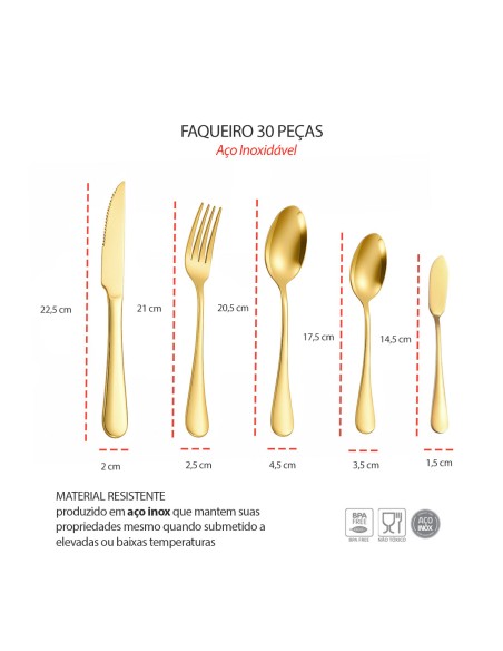 Talheres de Mesa Sobremesa Espatula Dourado Faqueiro Inox 30un