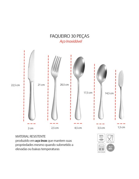 Talheres de Mesa Sobremesa Espatula Faqueiro Aço Inox 30un