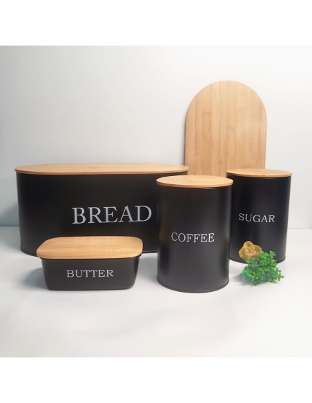 Porta Pao Manteigueira Pote Cafe Açucar Aço Preto Bambu 4un