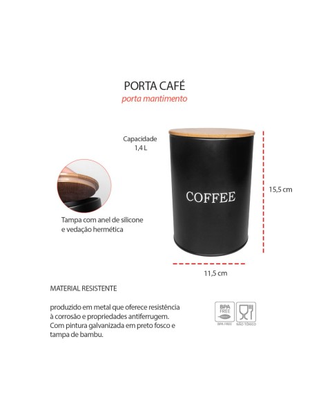 Pote Cafe Açucar Porta Utensilios Aço Preto Bambu Lata 3un