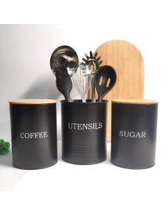 Pote Cafe Açucar Porta Utensilios Aço Preto Bambu Lata 3un 2
