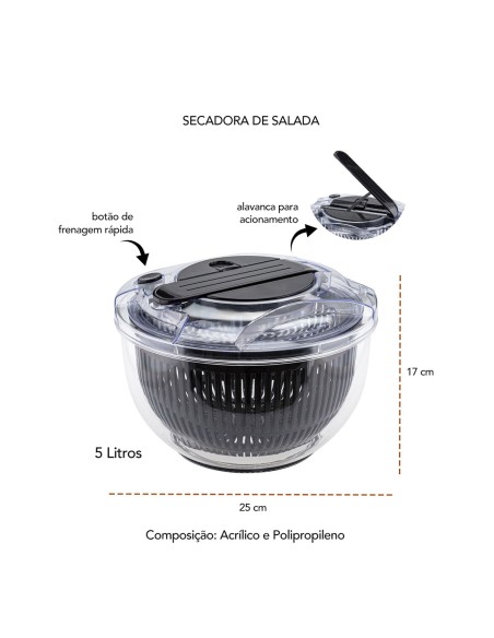 Secadora de Salada Grande Centrifuga Lava e Seca Acrilico 5L