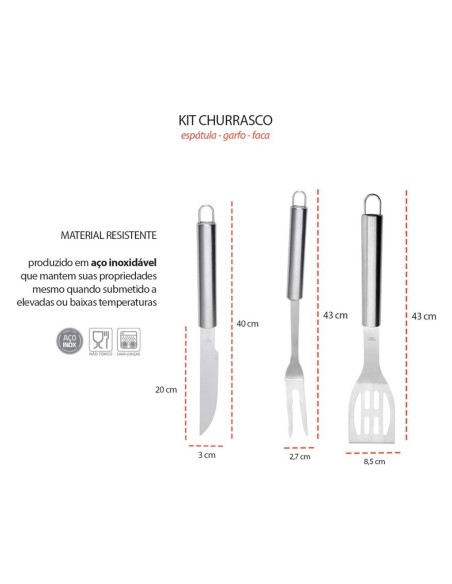 Espatula Garfo e Faca Cabo Longo Kit Churrasco Inox 3un