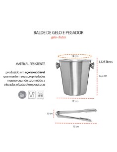 Balde de Gelo e Pegador Jacare Aço Inoxidavel 1,1L Bar 2