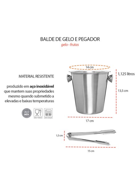Balde de Gelo e Pegador Jacare Aço Inoxidavel 1,1L Bar