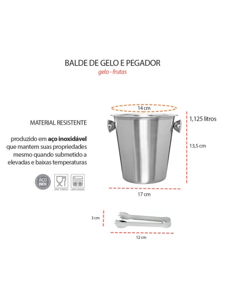 Balde de Gelo e Pegador Mini Aço Inoxidavel 1,1L Bar