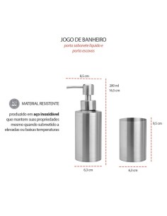 Porta Sabonete Liquido e Escova Jogo Banheiro Aço Inox 2