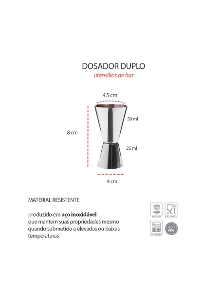Dosador Duplo Copo de Inox Doses Drinks 50ml e 25ml