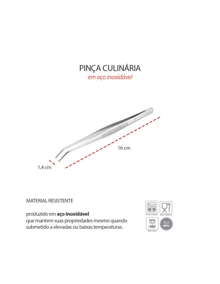 Pinça Culinaria Ponta Dobrada Aço Inox Empratamento 16cm