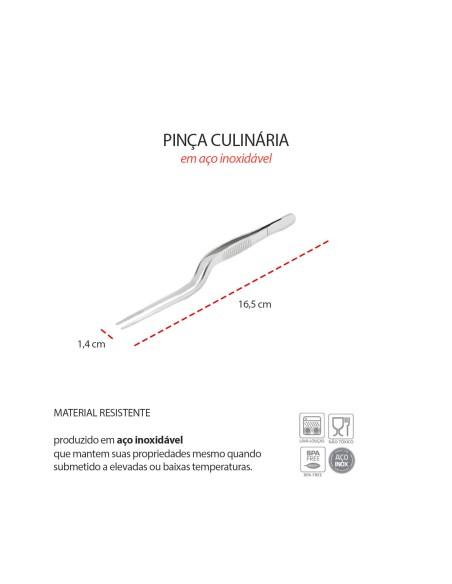 Pinça Culinaria Curvada Ponta Reta Empratamento Inox 16,5cm