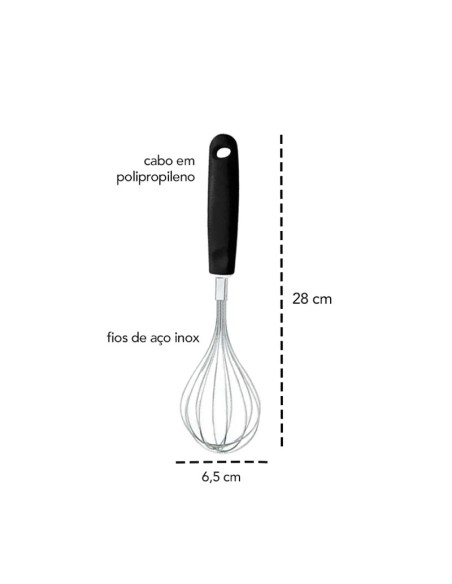 Batedor de Clara Manual Fouet Fios Inox Cabo Preto 28cm