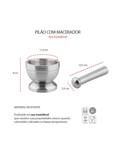 Pilao com Macerador Socador Aço Inox Temperos...