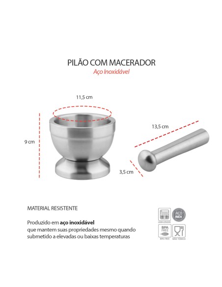 Pilao com Macerador Socador Aço Inox Temperos Alho Ervas