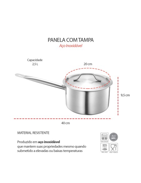 Panela com Tampa Cabo Aço Inox Fundo Triplo 20cm 2,5L