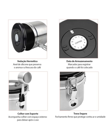 Porta Cafe Valvula Pote Hermetico 1L e Colher Medidora Aço Inox