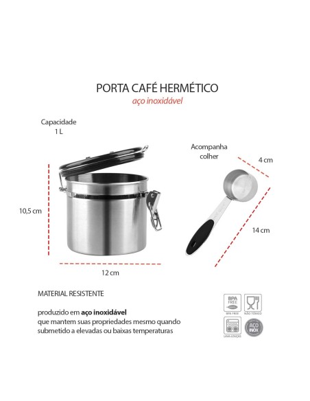 Cafeteira Prensa Francesa e Porta Cafe Hermetico Aço Inox