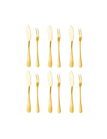 Faca e Garfo para Frutos do Mar Marisco Petiscos Inox Dourado 12un