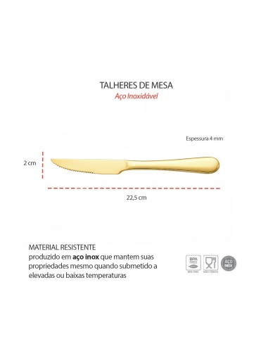 Garfo e Faca de Mesa Dourado Ouro Talheres Inox...