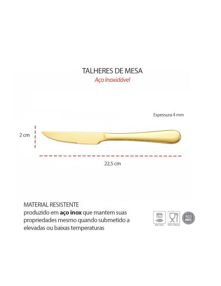 Garfo e Faca de Mesa Dourado Ouro Talheres Inox Buffet 12un