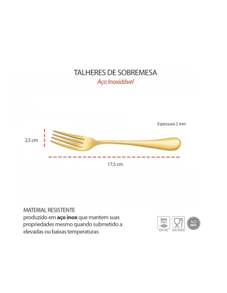 Garfo e Colher Sobremesa Dourado Ouro Talher Inox Buffet 12un