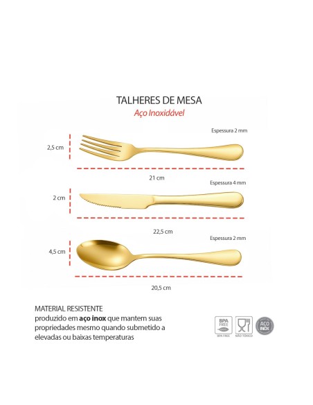 Talheres Mesa Sobremesa Faqueiro Garfo Faca Colher Dourado Inox 36un