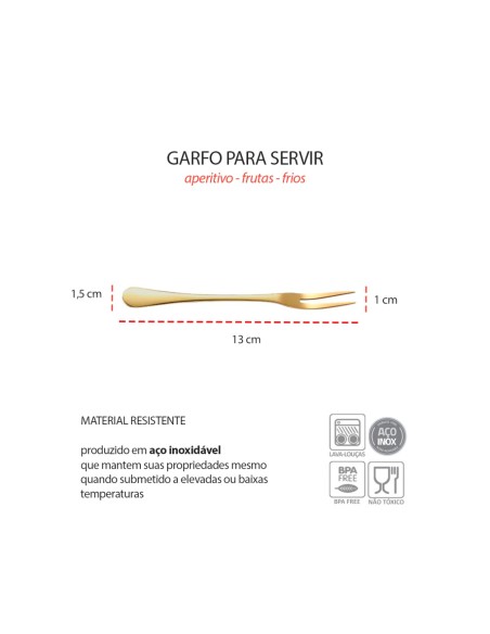 Garfo Queijo Frios e Garfo Petiscos Frutas Dourado Inox 5un