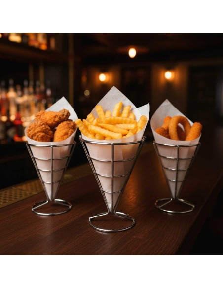 Suporte Cone Fritas Servir Porçoe Petisco Bar Aço Inox 10un