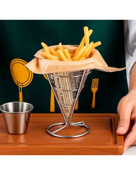 Suporte Cone Fritas Servir Porçoe Petisco Bar Aço Inox 10un