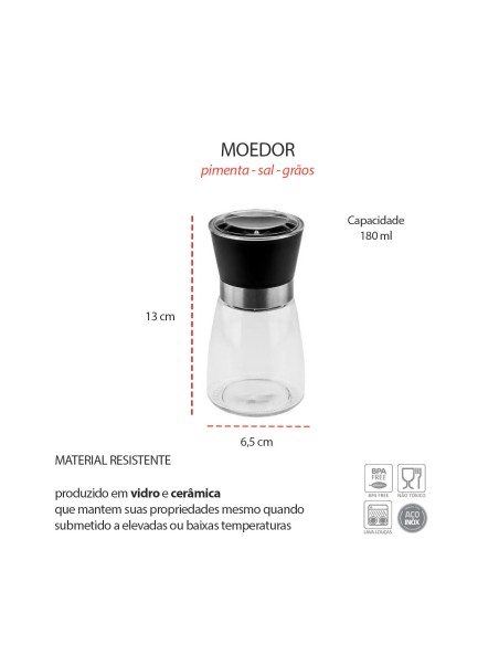 Moedor de Sal e Pimenta Vidro e Moinho em Ceramica Preto