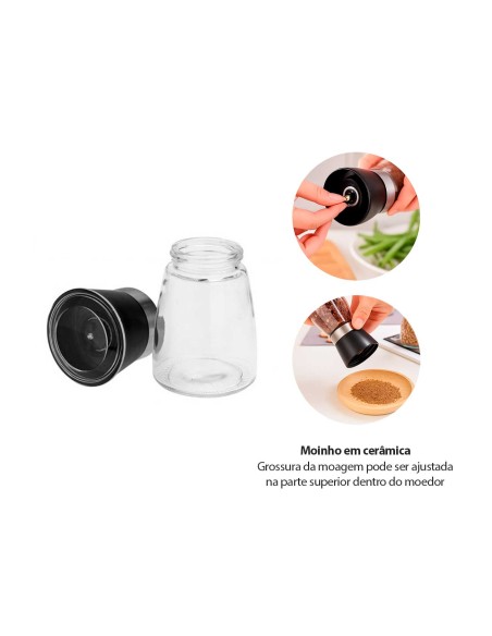 Moedor de Sal e Pimenta Vidro e Moinho em Ceramica Preto