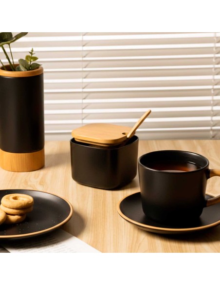 Açucareiro com Tampa Bambu Preto Mesa Porta Condimentos