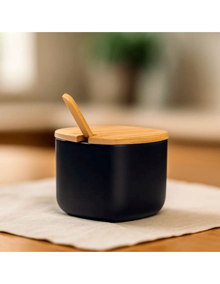 Açucareiro com Tampa Bambu Preto Mesa Porta Condimentos