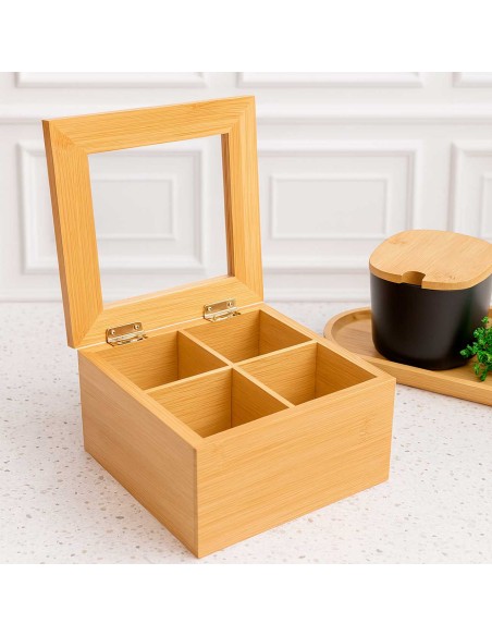 Caixa de Cha Organizador Bambu Tampa Transparente 4 Divisorias
