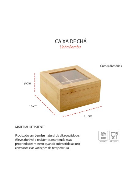 Caixa de Cha Organizador Bambu Tampa Transparente 4 Divisorias