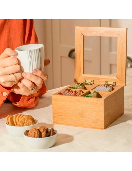 Caixa de Cha Organizador Bambu Tampa Transparente 4 Divisorias