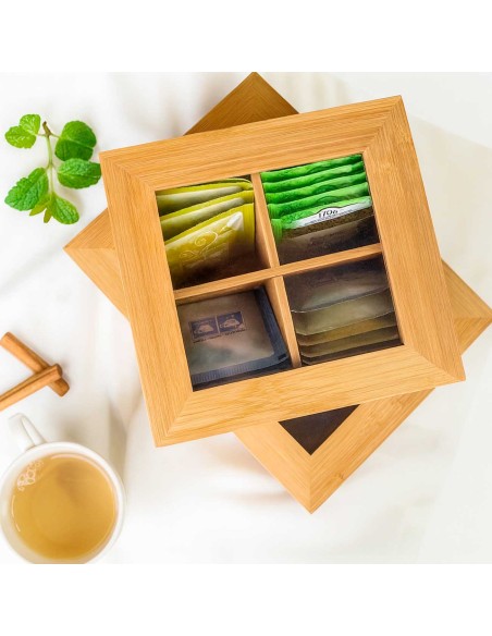 Caixa de Cha Organizador Bambu Tampa Transparente 4 Divisorias