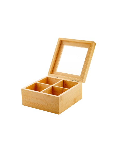 Caixa de Cha Organizador Bambu Tampa Transparente 4 Divisorias