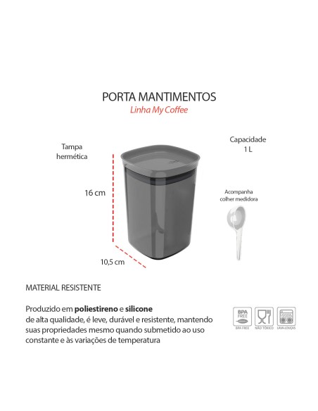 Pote Hermetico Porta Mantimentos Cafe Cinza Translucido 1L