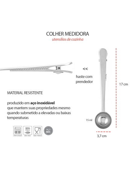 Colher Medidora Prendedor Clip Aço Inox Utensilio Cozinha