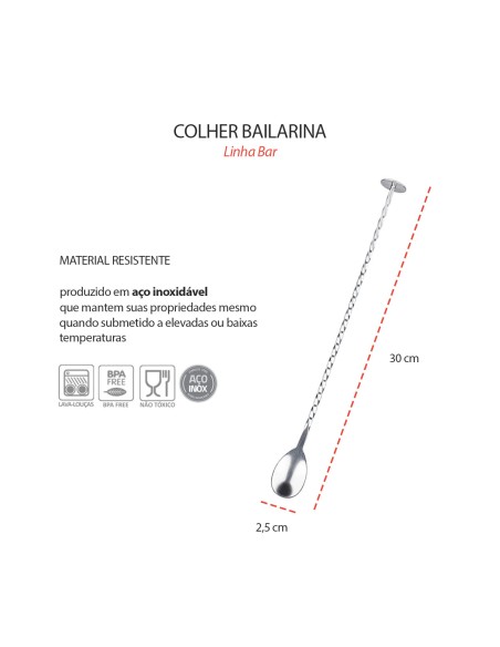 Colher Bailarina Cabo Longo Drinks Bartender Disco Inox 30cm