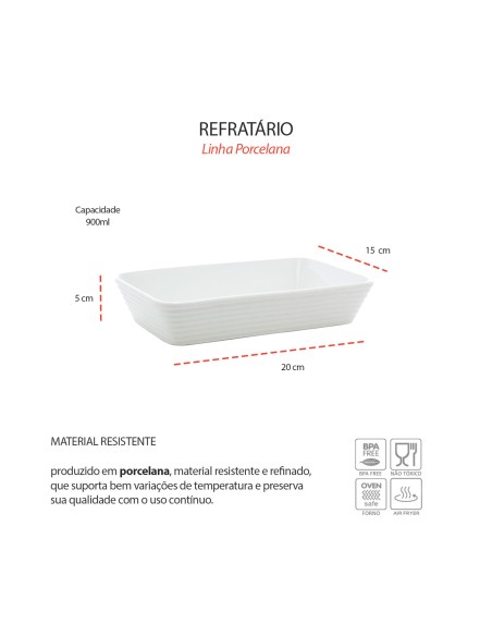 Travessa Refratario de Porcelana Retangular Branco 20cm