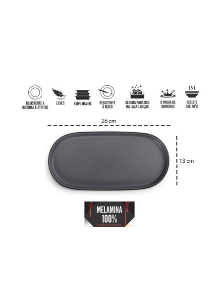Bandeja Prato Oval Sushi Petisqueira Preto Melamina 26cm